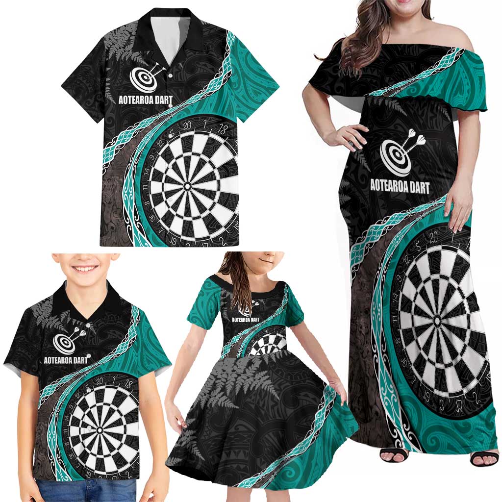 Personalised New Zealand Darts Family Matching Off Shoulder Maxi Dress and Hawaiian Shirt Koru Tribal Tattoo and Silver Fern Maori Pattern Teal Color