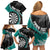 Personalised New Zealand Darts Family Matching Off Shoulder Short Dress and Hawaiian Shirt Koru Tribal Tattoo and Silver Fern Maori Pattern Teal Color