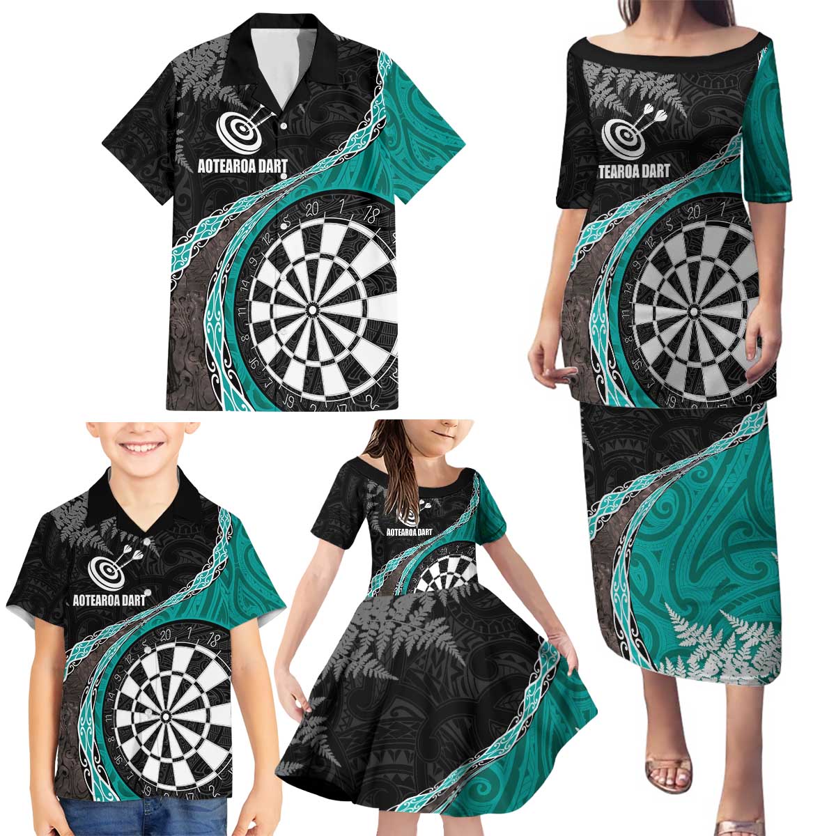 Personalised New Zealand Darts Family Matching Puletasi and Hawaiian Shirt Koru Tribal Tattoo and Silver Fern Maori Pattern Teal Color LT03 - Polynesian Pride