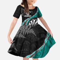 Personalised New Zealand Darts Family Matching Tank Maxi Dress and Hawaiian Shirt Koru Tribal Tattoo and Silver Fern Maori Pattern Teal Color