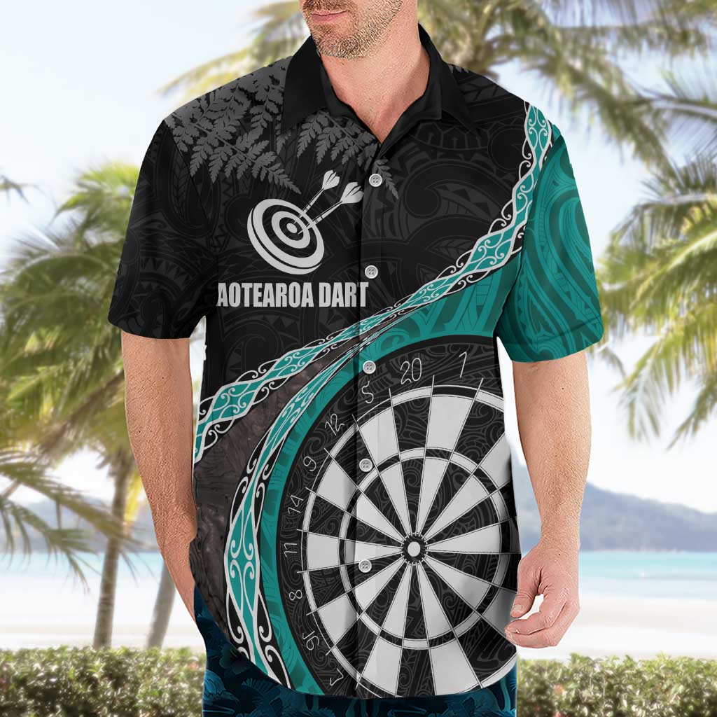 Personalised New Zealand Darts Hawaiian Shirt Koru Tribal Tattoo and Silver Fern Maori Pattern Teal Color