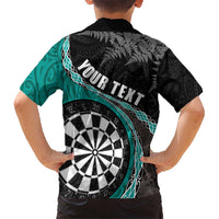 Personalised New Zealand Darts Hawaiian Shirt Koru Tribal Tattoo and Silver Fern Maori Pattern Teal Color