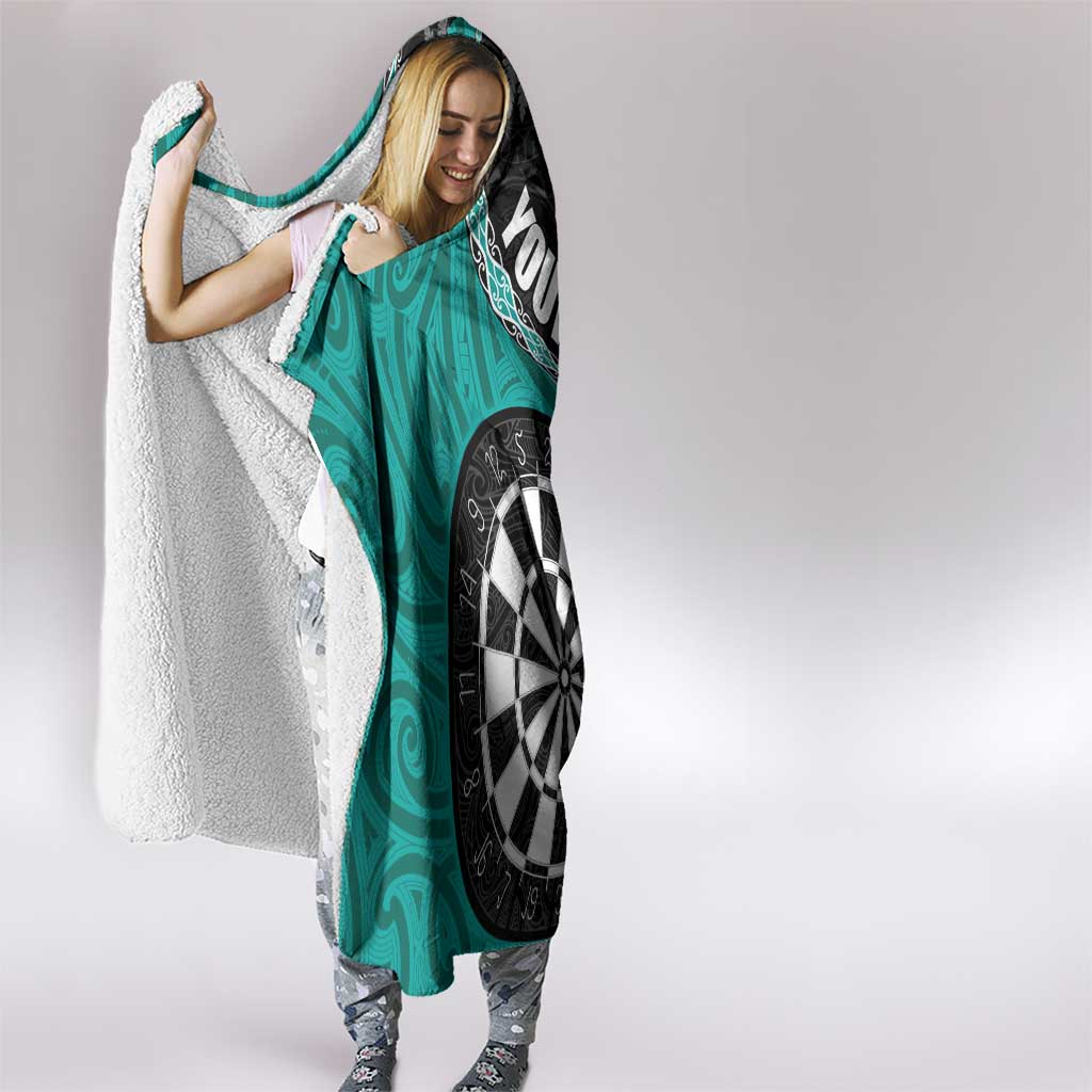 Personalised New Zealand Darts Hooded Blanket Koru Tribal Tattoo and Silver Fern Maori Pattern Teal Color
