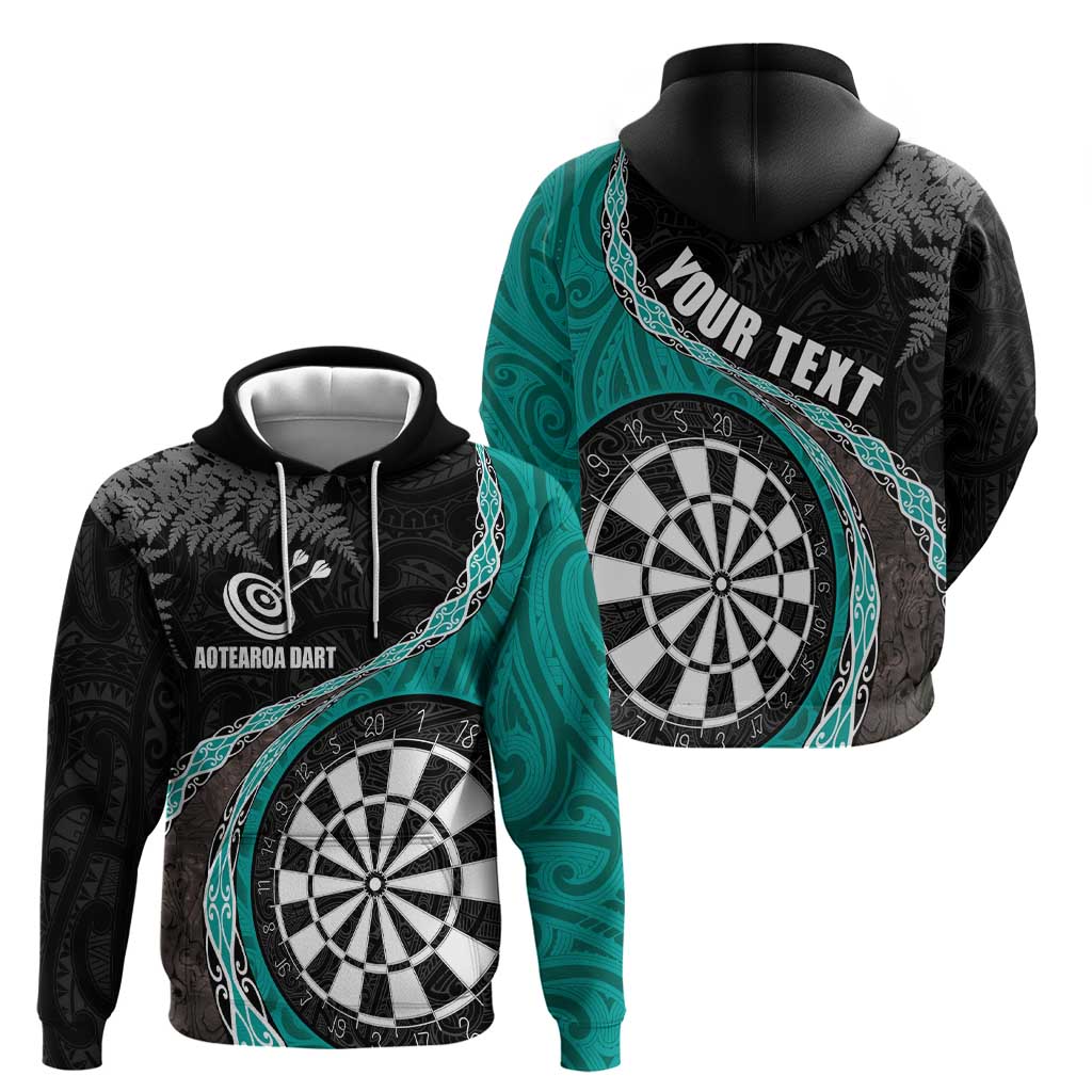 Personalised New Zealand Darts Hoodie Koru Tribal Tattoo and Silver Fern Maori Pattern Teal Color