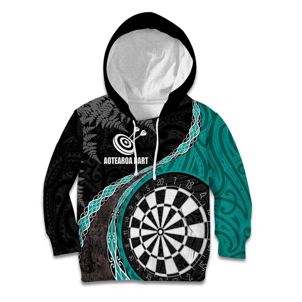 Personalised New Zealand Darts Kid Hoodie Koru Tribal Tattoo and Silver Fern Maori Pattern Teal Color