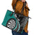 Personalised New Zealand Darts Leather Tote Bag Koru Tribal Tattoo and Silver Fern Maori Pattern Teal Color