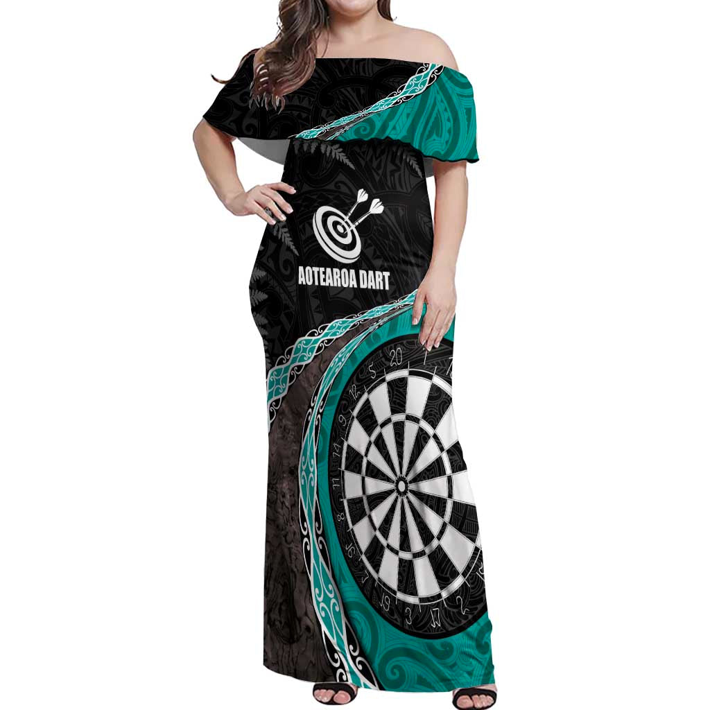 Personalised New Zealand Darts Off Shoulder Maxi Dress Koru Tribal Tattoo and Silver Fern Maori Pattern Teal Color