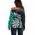 Personalised New Zealand Darts Off Shoulder Sweater Koru Tribal Tattoo and Silver Fern Maori Pattern Teal Color