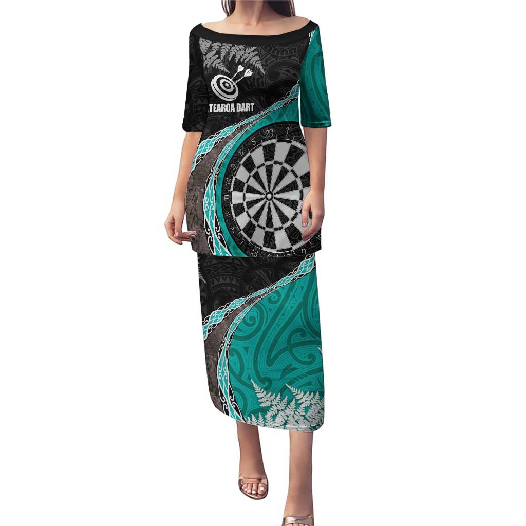 Personalised New Zealand Darts Puletasi Koru Tribal Tattoo and Silver Fern Maori Pattern Teal Color LT03 Long Dress Teal - Polynesian Pride