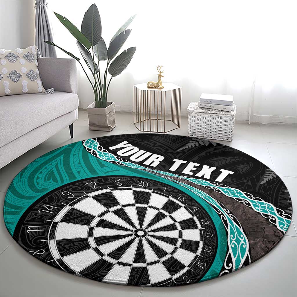 Personalised New Zealand Darts Round Carpet Koru Tribal Tattoo and Silver Fern Maori Pattern Teal Color