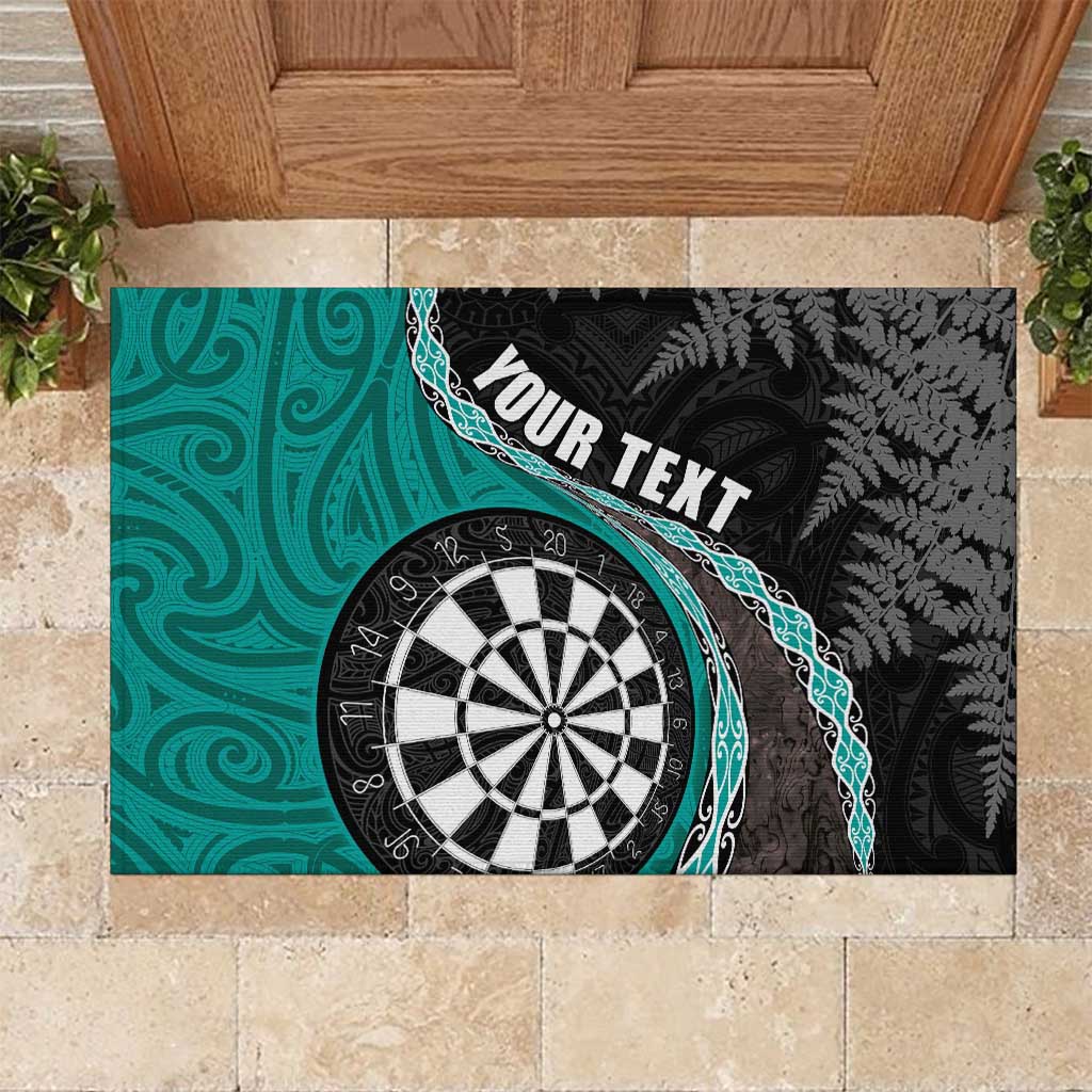 Personalised New Zealand Darts Rubber Doormat Koru Tribal Tattoo and Silver Fern Maori Pattern Teal Color