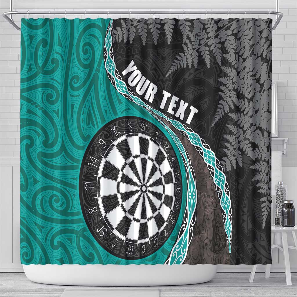 Personalised New Zealand Darts Shower Curtain Koru Tribal Tattoo and Silver Fern Maori Pattern Teal Color