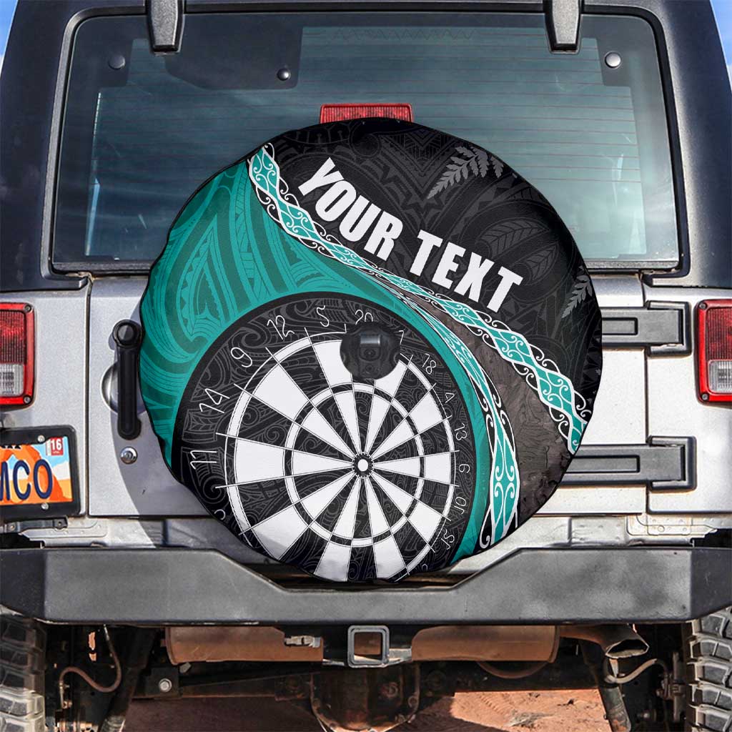 Personalised New Zealand Darts Spare Tire Cover Koru Tribal Tattoo and Silver Fern Maori Pattern Teal Color