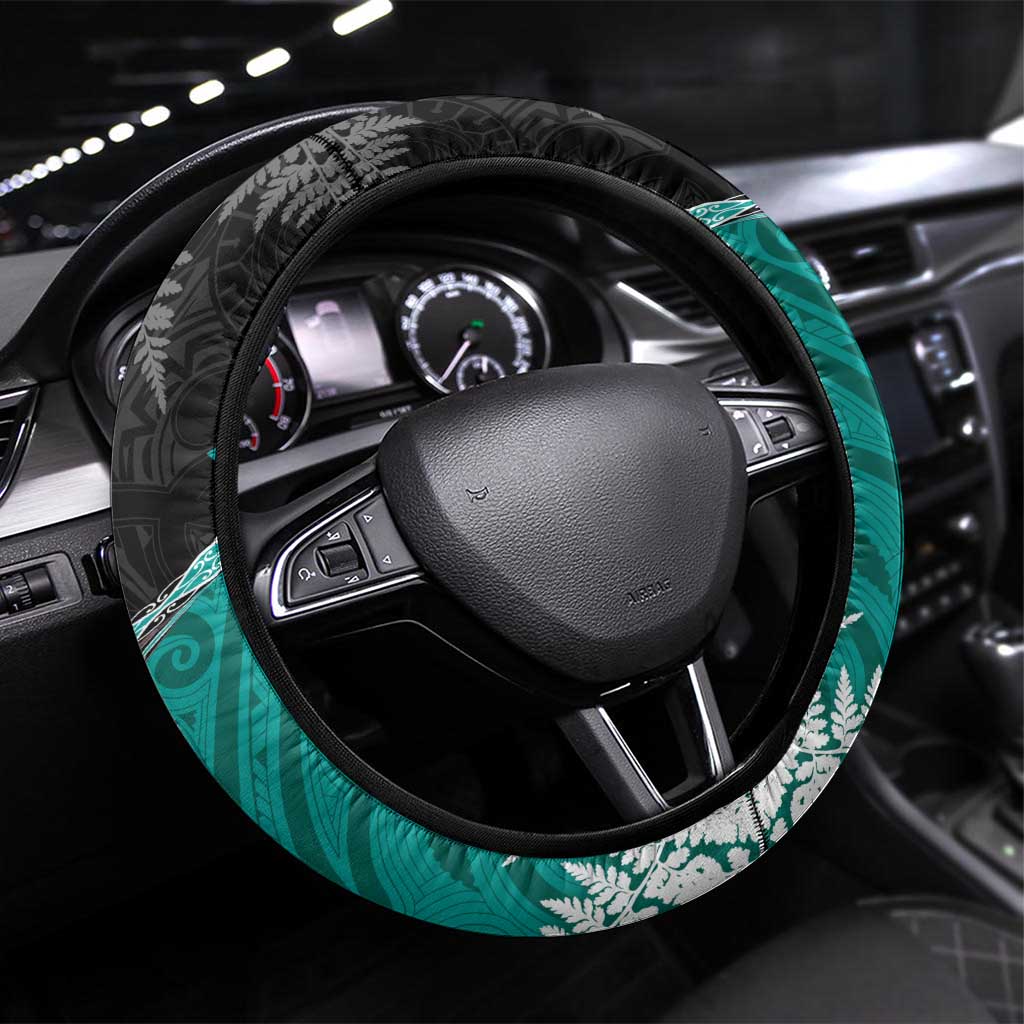 New Zealand Darts Steering Wheel Cover Koru Tribal Tattoo and Silver Fern Maori Pattern Teal Color LT03 Universal Fit Teal - Polynesian Pride