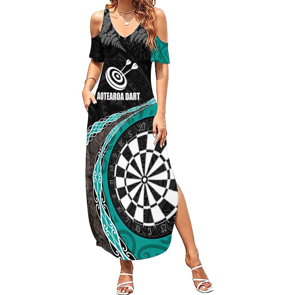 Personalised New Zealand Darts Summer Maxi Dress Koru Tribal Tattoo and Silver Fern Maori Pattern Teal Color