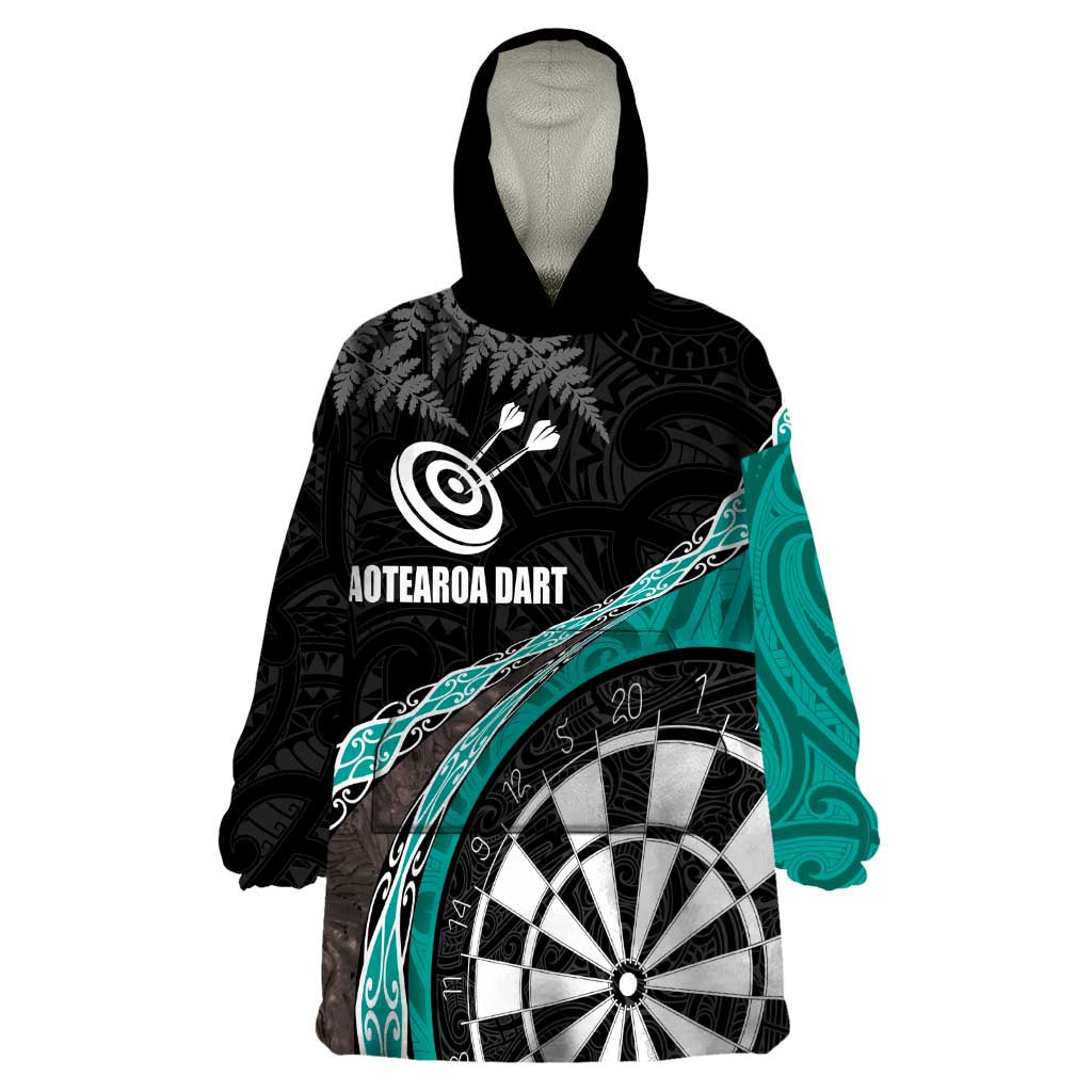 Personalised New Zealand Darts Wearable Blanket Hoodie Koru Tribal Tattoo and Silver Fern Maori Pattern Teal Color