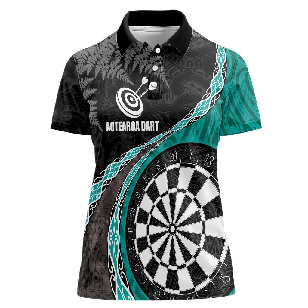 Personalised New Zealand Darts Women Polo Shirt Koru Tribal Tattoo and Silver Fern Maori Pattern Teal Color