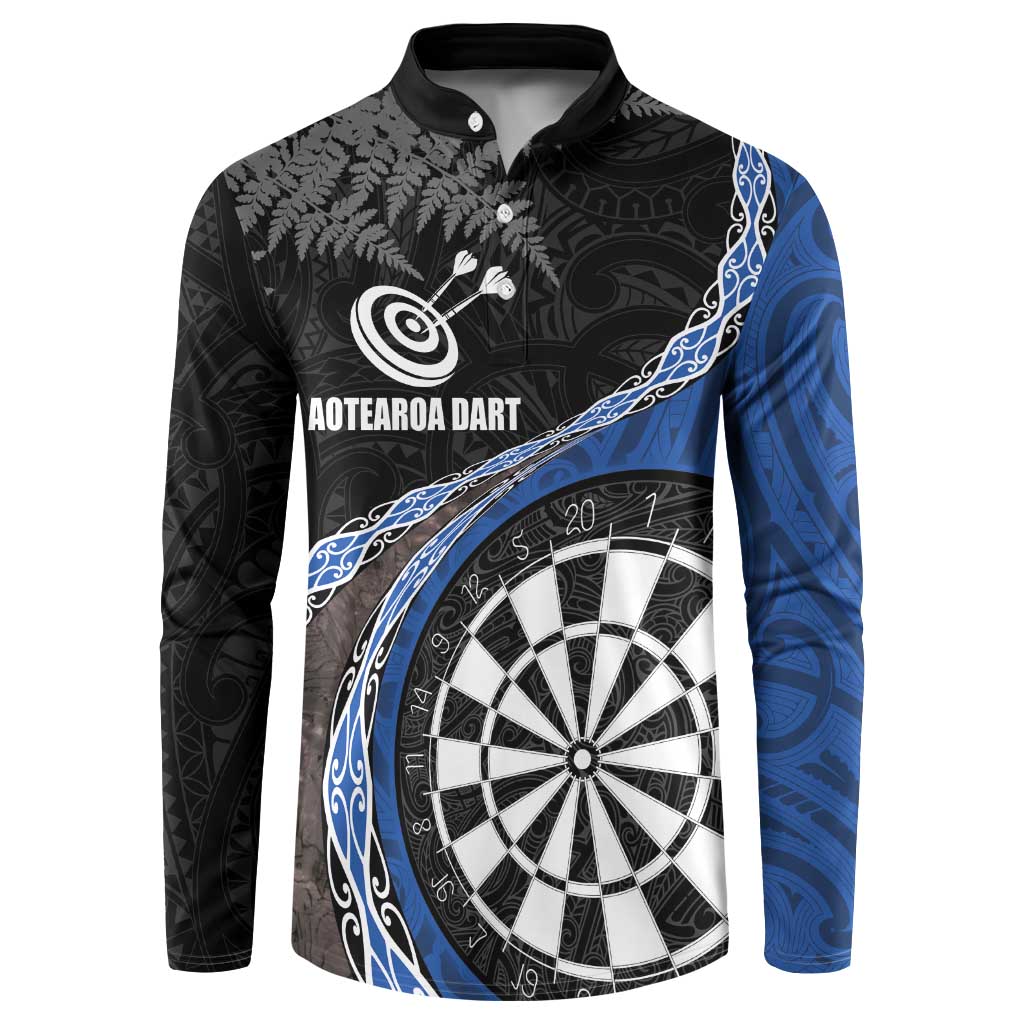 Personalised New Zealand Darts Button Sweatshirt Koru Tribal Tattoo and Silver Fern Maori Pattern Blue Color LT03 Blue - Polynesian Pride