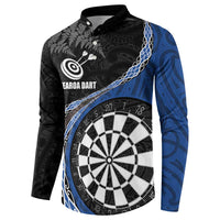 Personalised New Zealand Darts Button Sweatshirt Koru Tribal Tattoo and Silver Fern Maori Pattern Blue Color LT03 - Polynesian Pride