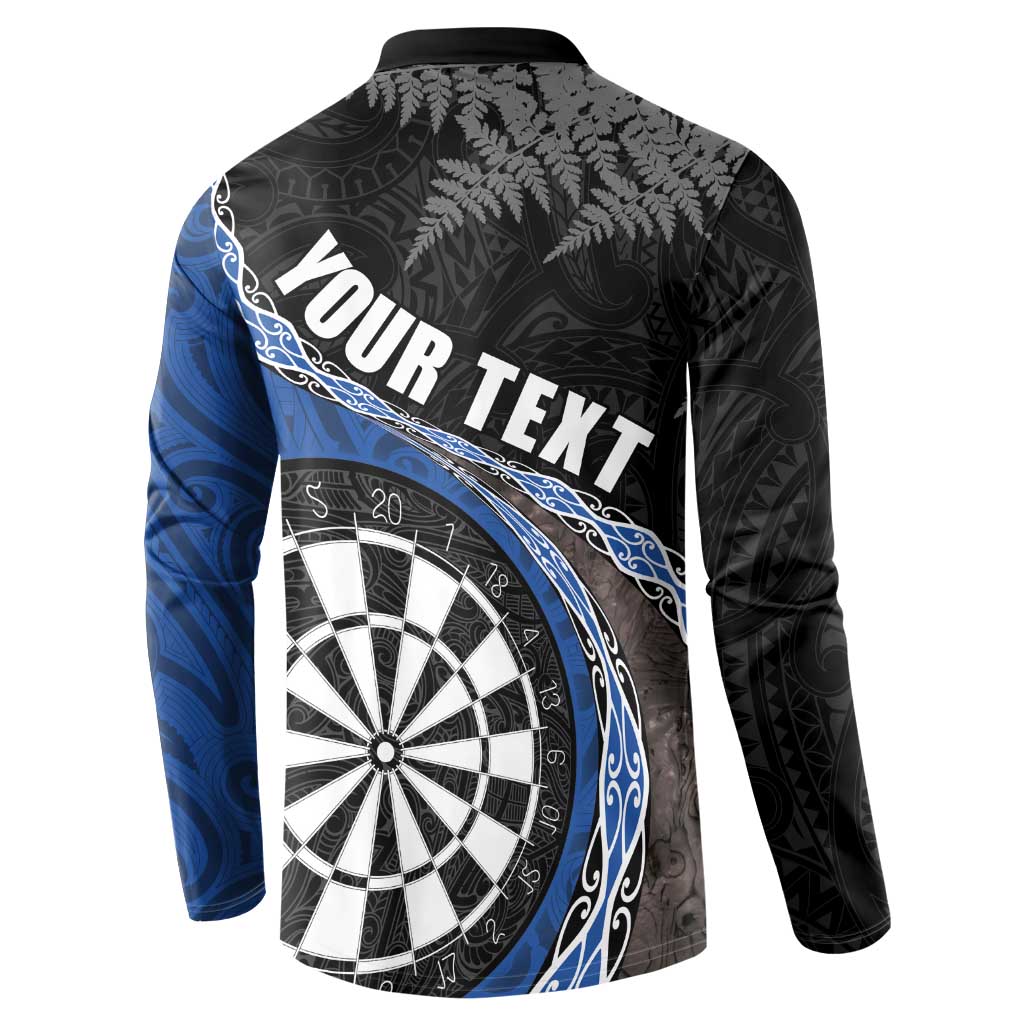 Personalised New Zealand Darts Button Sweatshirt Koru Tribal Tattoo and Silver Fern Maori Pattern Blue Color LT03 - Polynesian Pride