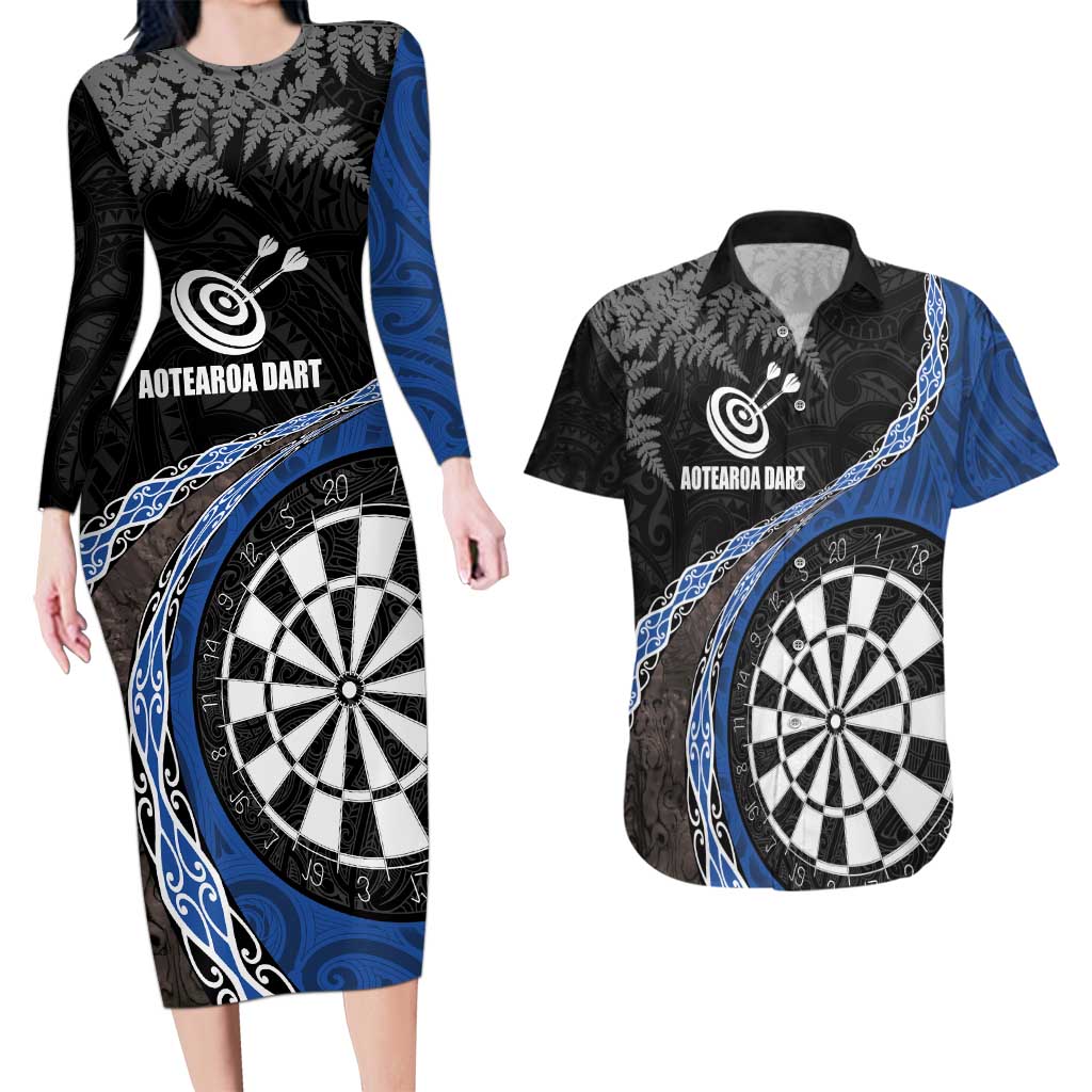 Personalised New Zealand Darts Couples Matching Long Sleeve Bodycon Dress and Hawaiian Shirt Koru Tribal Tattoo and Silver Fern Maori Pattern Blue Color