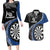 Personalised New Zealand Darts Couples Matching Long Sleeve Bodycon Dress and Hawaiian Shirt Koru Tribal Tattoo and Silver Fern Maori Pattern Blue Color