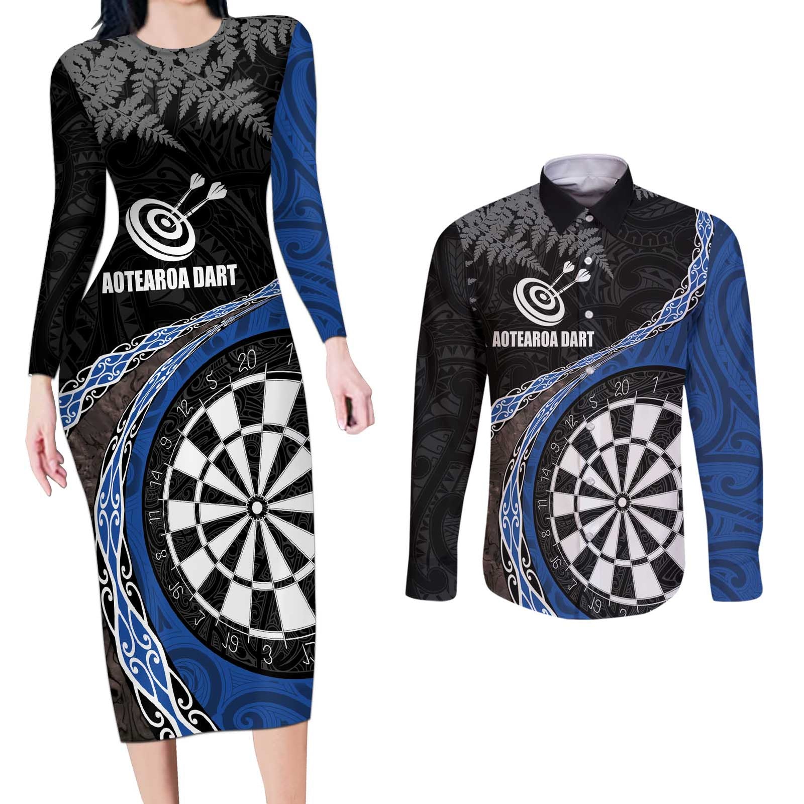 Personalised New Zealand Darts Couples Matching Long Sleeve Bodycon Dress and Long Sleeve Button Shirt Koru Tribal Tattoo and Silver Fern Maori Pattern Blue Color LT03 Blue - Polynesian Pride