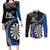 Personalised New Zealand Darts Couples Matching Long Sleeve Bodycon Dress and Long Sleeve Button Shirt Koru Tribal Tattoo and Silver Fern Maori Pattern Blue Color