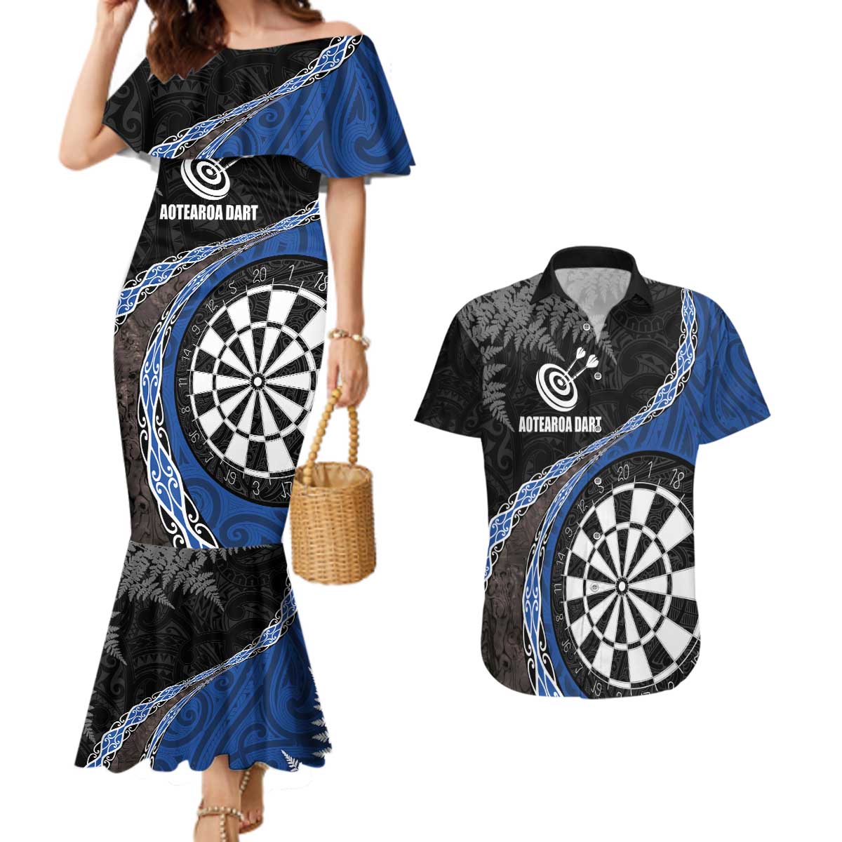 Personalised New Zealand Darts Couples Matching Mermaid Dress and Hawaiian Shirt Koru Tribal Tattoo and Silver Fern Maori Pattern Blue Color