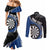 Personalised New Zealand Darts Couples Matching Mermaid Dress and Long Sleeve Button Shirt Koru Tribal Tattoo and Silver Fern Maori Pattern Blue Color