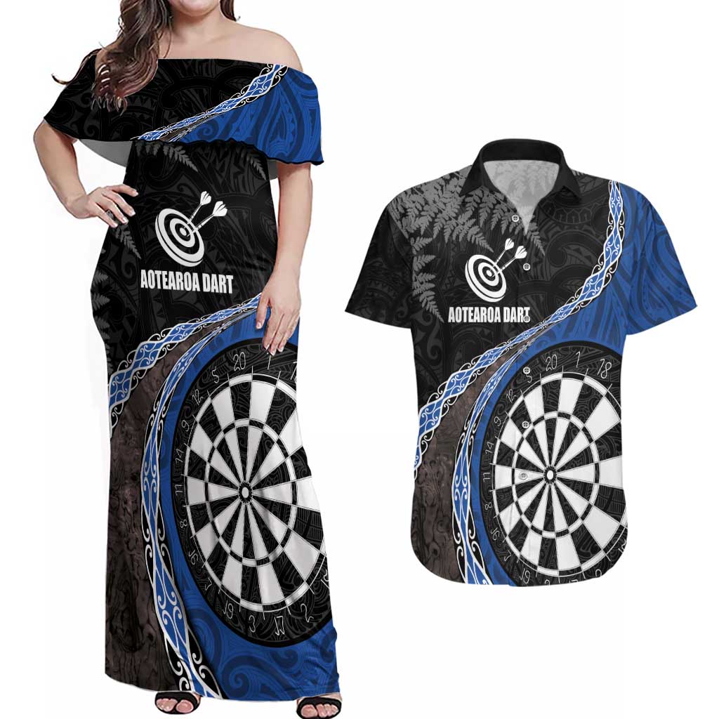 Personalised New Zealand Darts Couples Matching Off Shoulder Maxi Dress and Hawaiian Shirt Koru Tribal Tattoo and Silver Fern Maori Pattern Blue Color