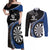 Personalised New Zealand Darts Couples Matching Off Shoulder Maxi Dress and Long Sleeve Button Shirt Koru Tribal Tattoo and Silver Fern Maori Pattern Blue Color