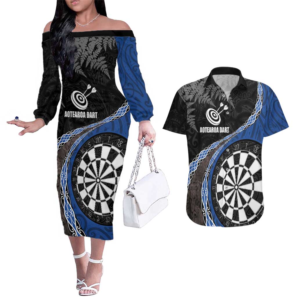 Personalised New Zealand Darts Couples Matching Off The Shoulder Long Sleeve Dress and Hawaiian Shirt Koru Tribal Tattoo and Silver Fern Maori Pattern Blue Color