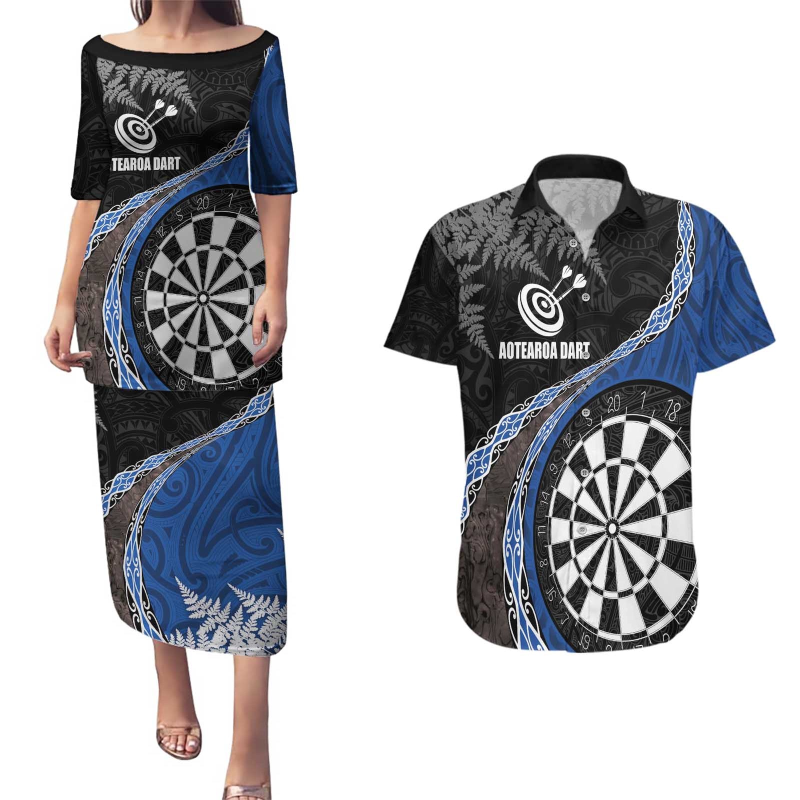 Personalised New Zealand Darts Couples Matching Puletasi and Hawaiian Shirt Koru Tribal Tattoo and Silver Fern Maori Pattern Blue Color LT03 Blue - Polynesian Pride