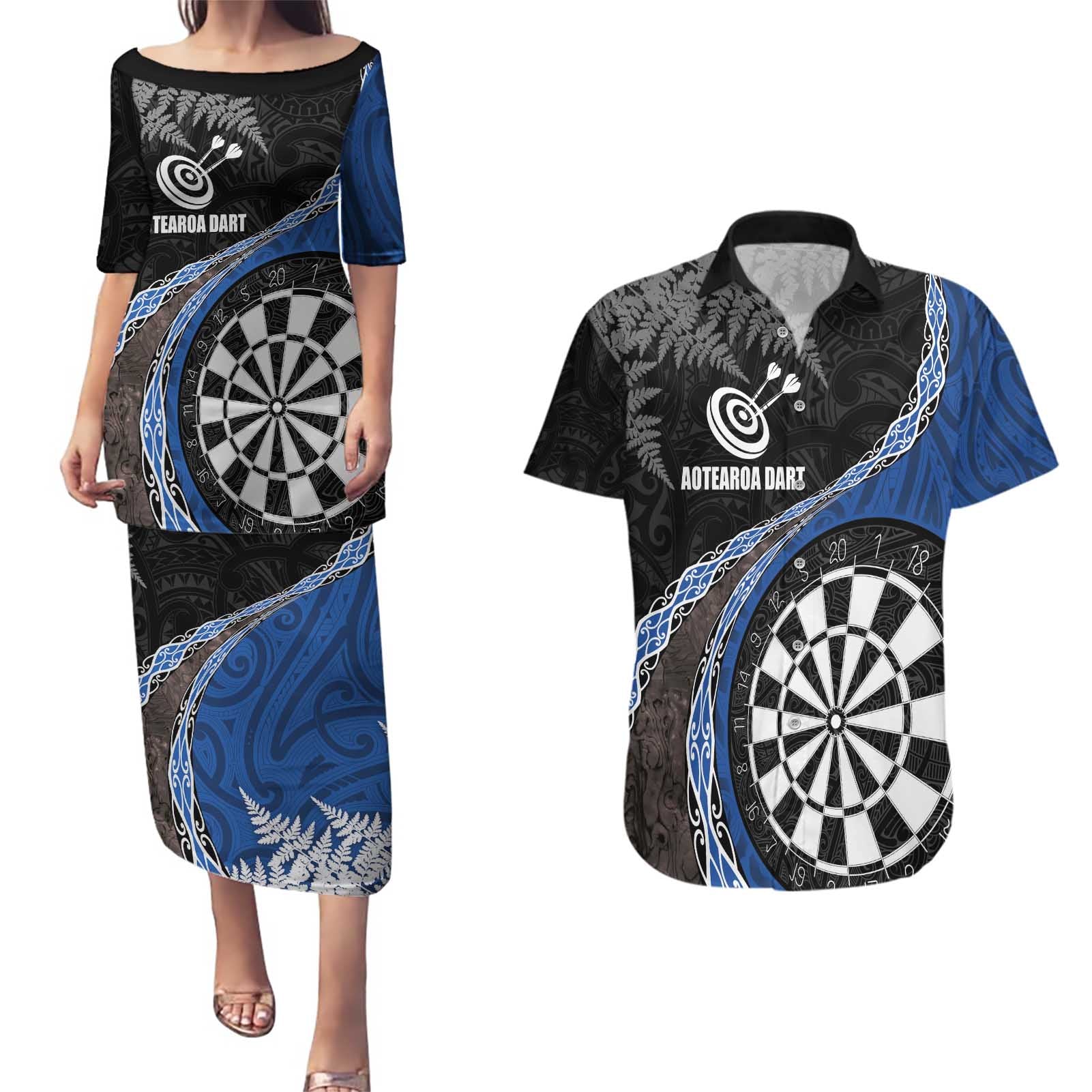 Personalised New Zealand Darts Couples Matching Puletasi and Hawaiian Shirt Koru Tribal Tattoo and Silver Fern Maori Pattern Blue Color