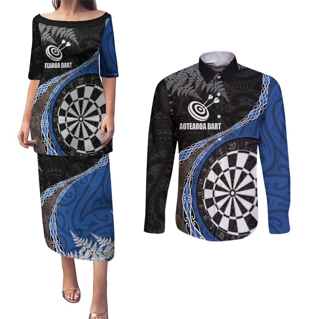 Personalised New Zealand Darts Couples Matching Puletasi and Long Sleeve Button Shirt Koru Tribal Tattoo and Silver Fern Maori Pattern Blue Color