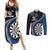 Personalised New Zealand Darts Couples Matching Summer Maxi Dress and Long Sleeve Button Shirt Koru Tribal Tattoo and Silver Fern Maori Pattern Blue Color