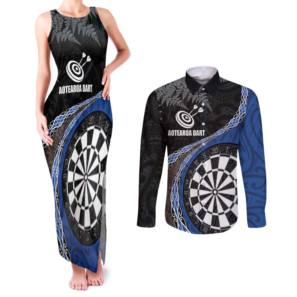 Personalised New Zealand Darts Couples Matching Tank Maxi Dress and Long Sleeve Button Shirt Koru Tribal Tattoo and Silver Fern Maori Pattern Blue Color