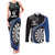 Personalised New Zealand Darts Couples Matching Tank Maxi Dress and Long Sleeve Button Shirt Koru Tribal Tattoo and Silver Fern Maori Pattern Blue Color