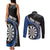 Personalised New Zealand Darts Couples Matching Tank Maxi Dress and Long Sleeve Button Shirt Koru Tribal Tattoo and Silver Fern Maori Pattern Blue Color