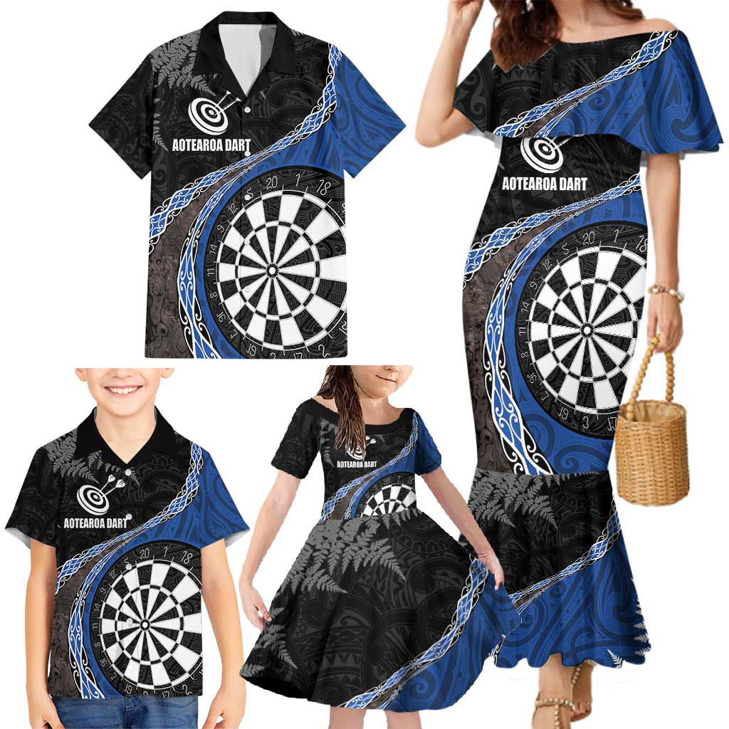 Personalised New Zealand Darts Family Matching Mermaid Dress and Hawaiian Shirt Koru Tribal Tattoo and Silver Fern Maori Pattern Blue Color