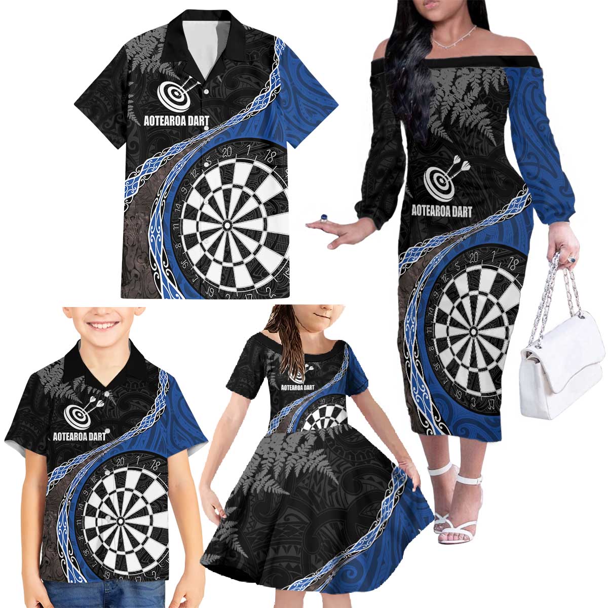 Personalised New Zealand Darts Family Matching Off The Shoulder Long Sleeve Dress and Hawaiian Shirt Koru Tribal Tattoo and Silver Fern Maori Pattern Blue Color