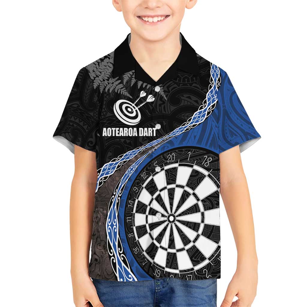 Personalised New Zealand Darts Family Matching Off Shoulder Maxi Dress and Hawaiian Shirt Koru Tribal Tattoo and Silver Fern Maori Pattern Blue Color