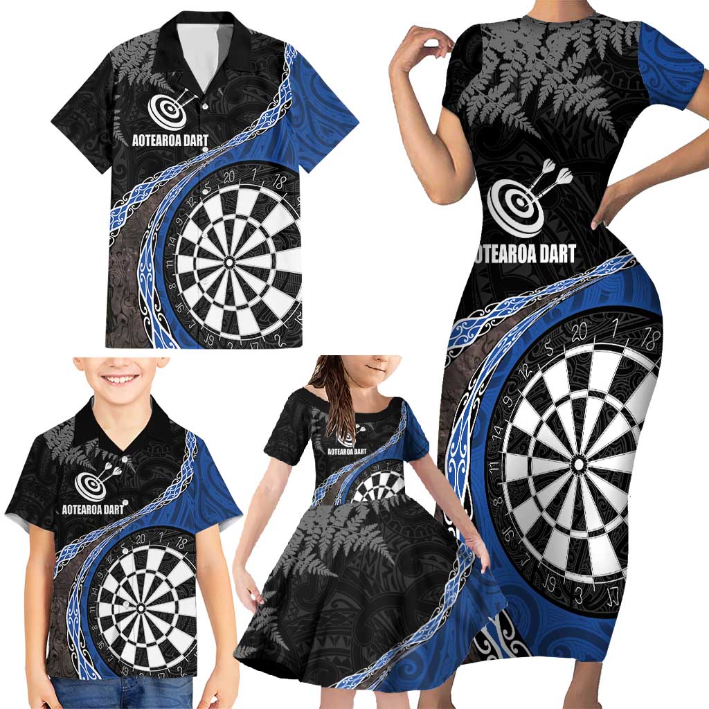 Personalised New Zealand Darts Family Matching Short Sleeve Bodycon Dress and Hawaiian Shirt Koru Tribal Tattoo and Silver Fern Maori Pattern Blue Color LT03 - Polynesian Pride