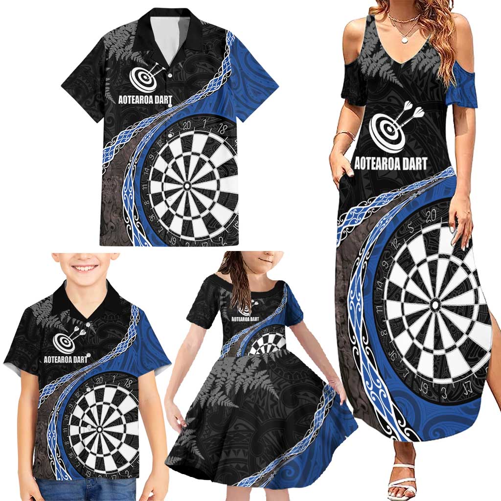 Personalised New Zealand Darts Family Matching Summer Maxi Dress and Hawaiian Shirt Koru Tribal Tattoo and Silver Fern Maori Pattern Blue Color LT03 - Polynesian Pride