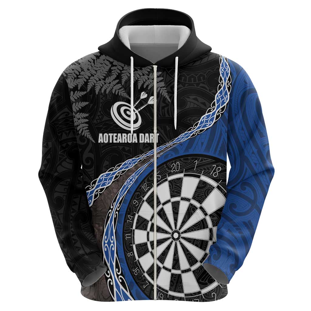 Personalised New Zealand Darts Hoodie Koru Tribal Tattoo and Silver Fern Maori Pattern Blue Color