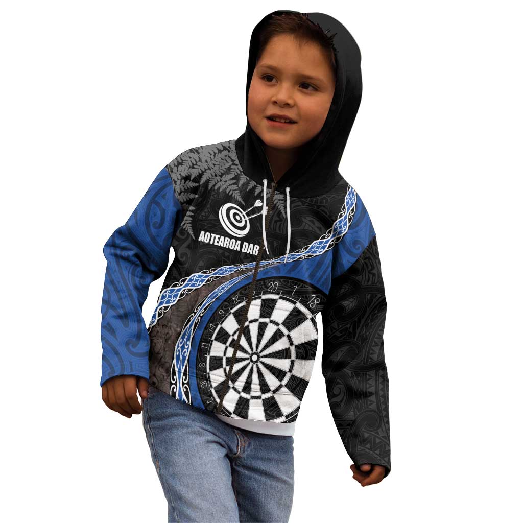 Personalised New Zealand Darts Kid Hoodie Koru Tribal Tattoo and Silver Fern Maori Pattern Blue Color