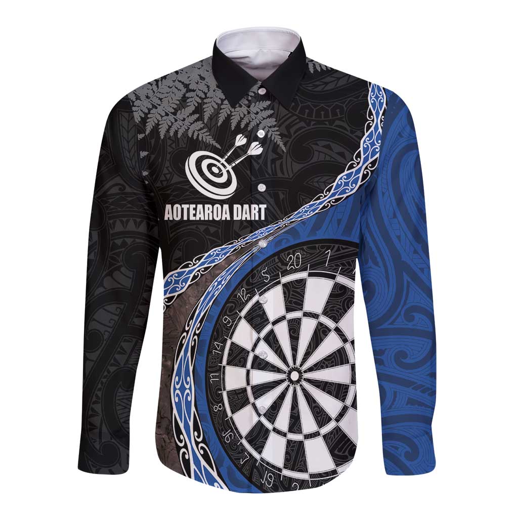 Personalised New Zealand Darts Long Sleeve Button Shirt Koru Tribal Tattoo and Silver Fern Maori Pattern Blue Color