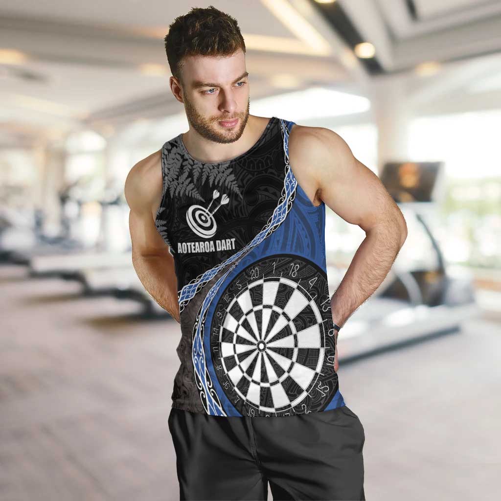 Personalised New Zealand Darts Men Tank Top Koru Tribal Tattoo and Silver Fern Maori Pattern Blue Color