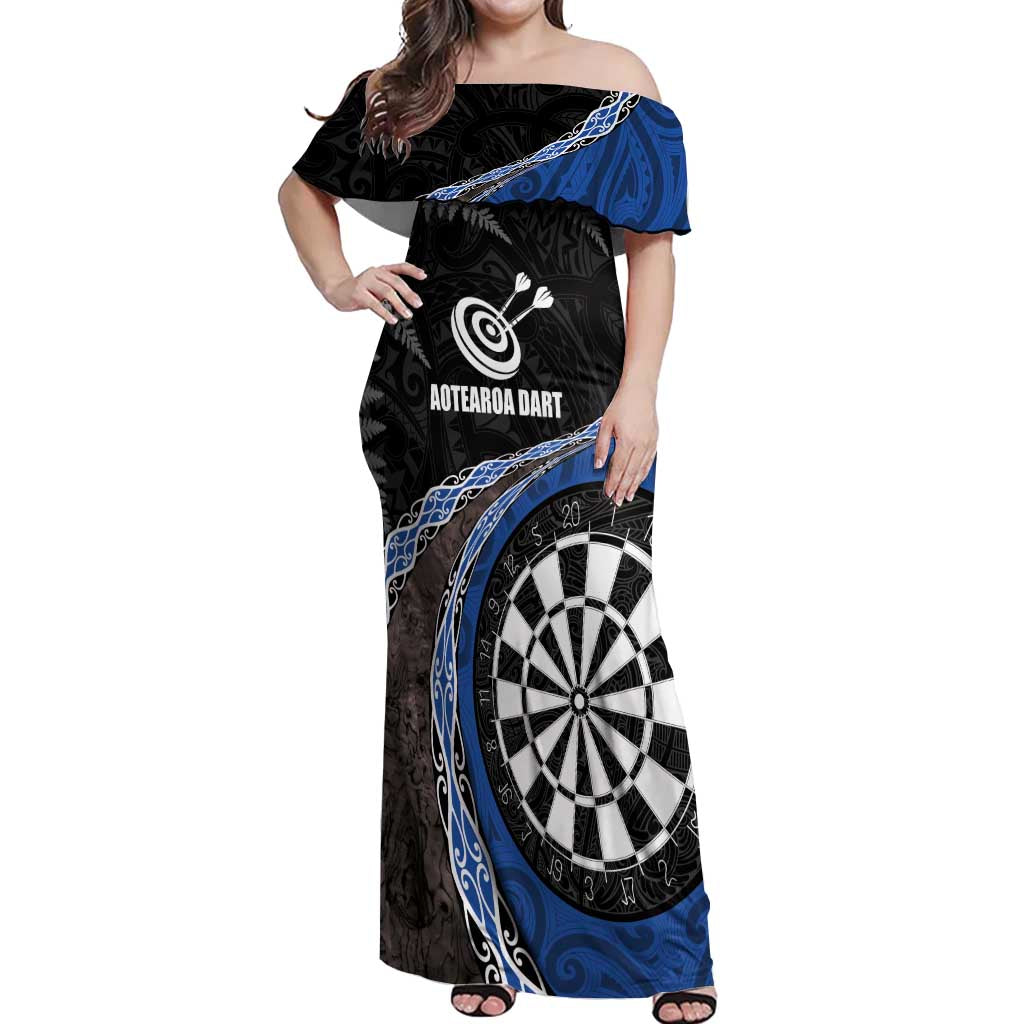 Personalised New Zealand Darts Off Shoulder Maxi Dress Koru Tribal Tattoo and Silver Fern Maori Pattern Blue Color